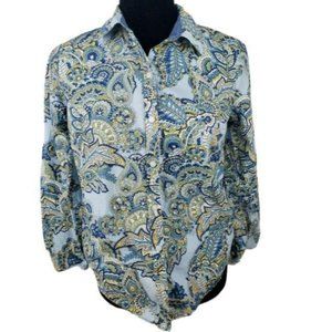 Charter Club Button Front Shirt Womens Size 4P Blue Paisley Boho Long Sleeve
